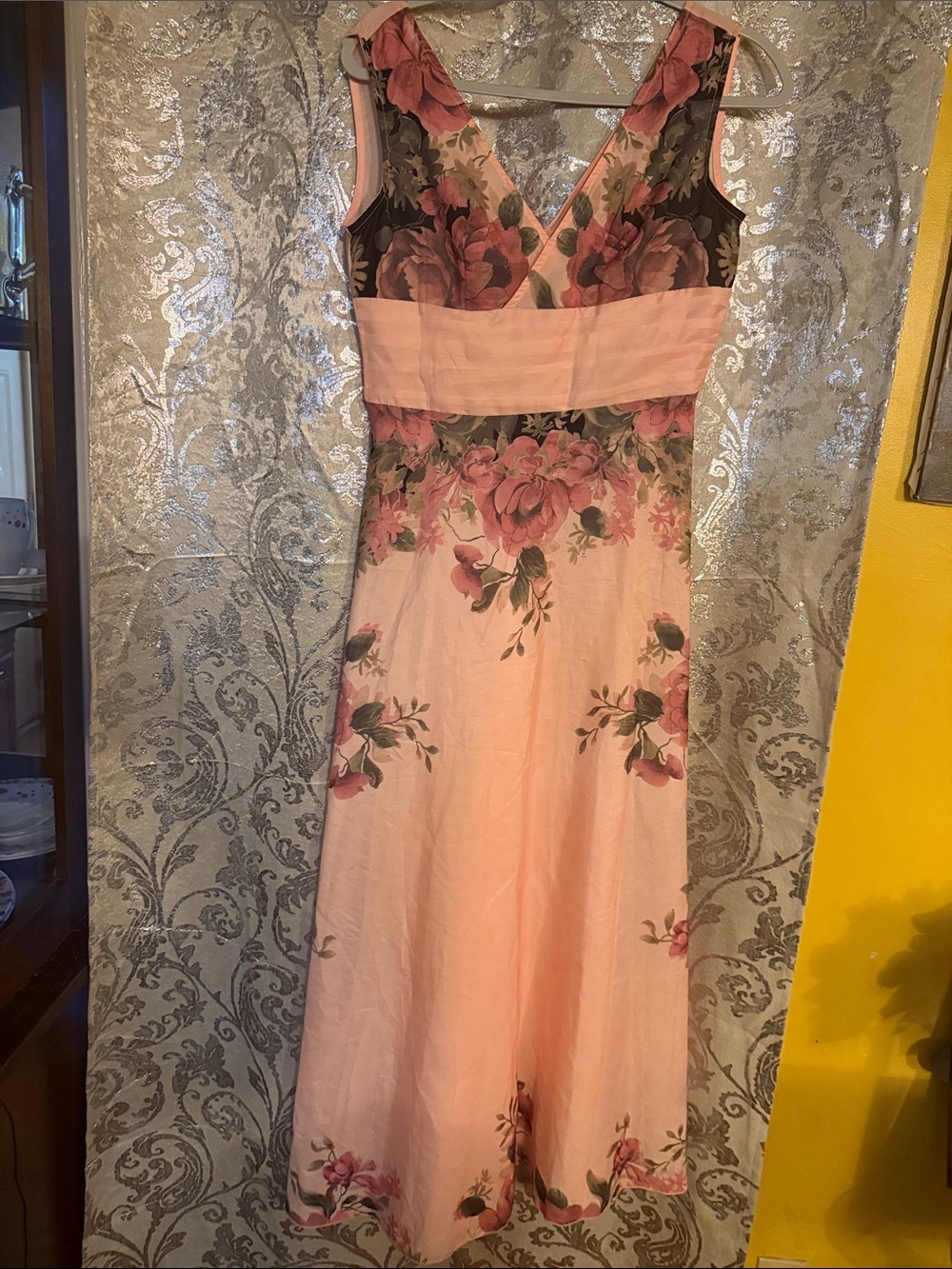 Pink Floral V-Neck Midi Dress with Empire Waist